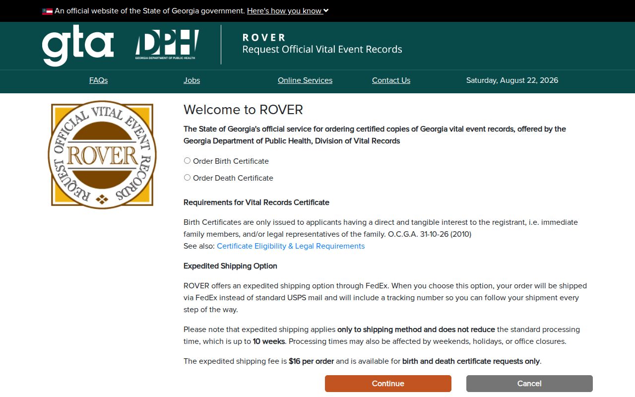 Georgia ROVER online vital record ordering portal